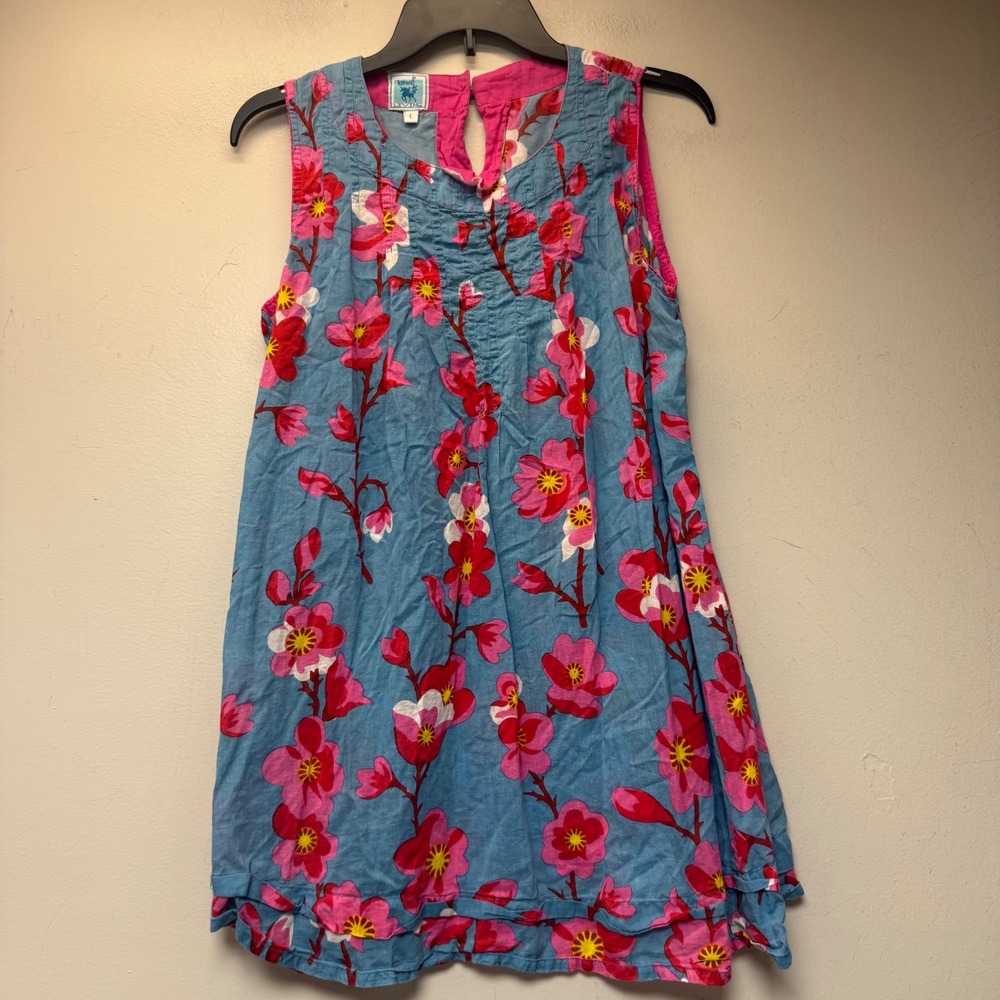 Karma Living Tunic Top Women Large Blue Pink Excellent Floral Cotton Ruffle Hem